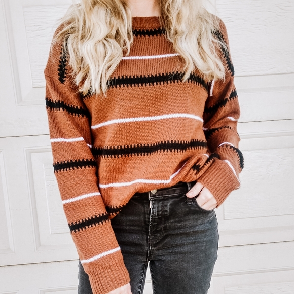 Knit Striped Long Sleeve Crewneck Sweater Trendy - Picture 1 of 3